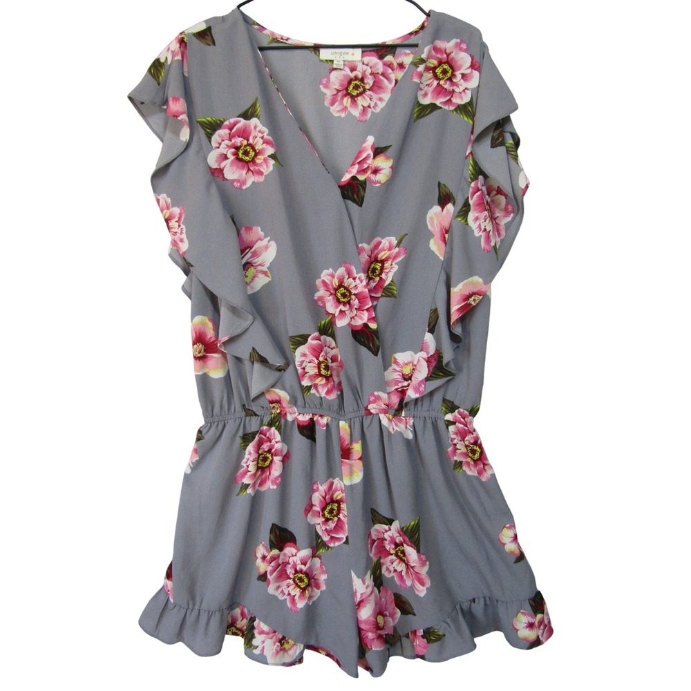 Umgee Floral Romper‎ Women XL Gray Pink Good Ruffle Sleeve V-Neck WC1190